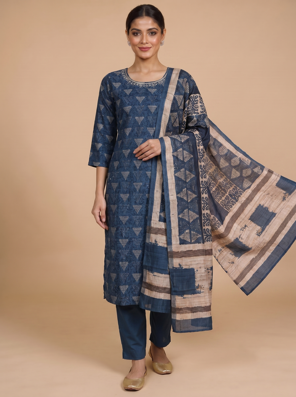 Indigo Blue with Beige Ready Made Salwar Suit