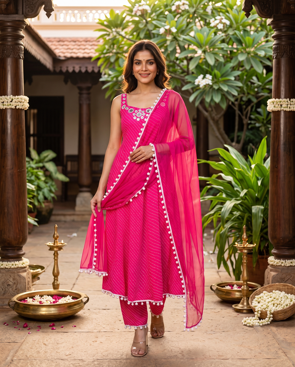 Pink with white border Dupatta Ready Made Umberella Cut Kurti Set