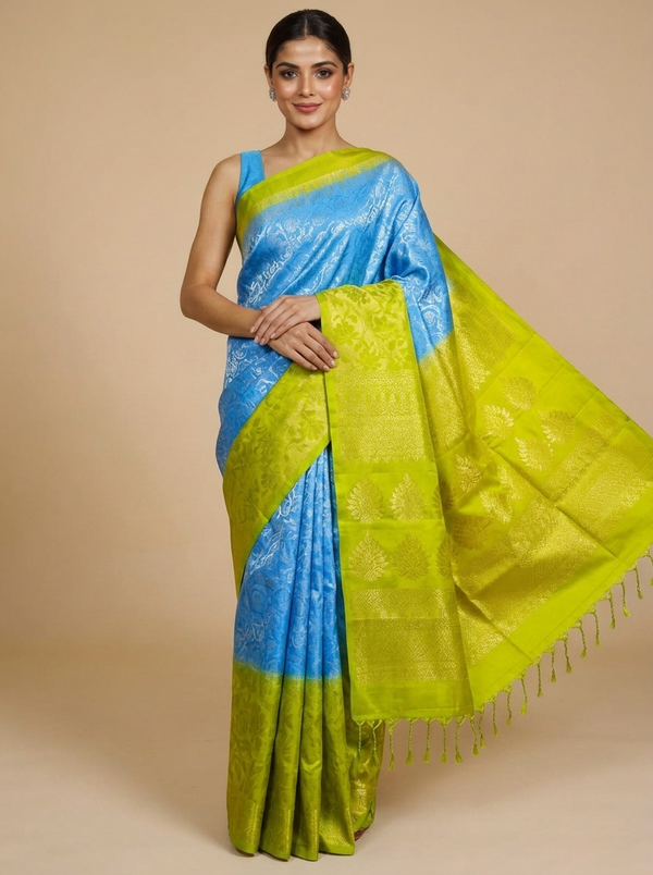 Sky Blue and Lime Green Pure Soft Silk Saree
