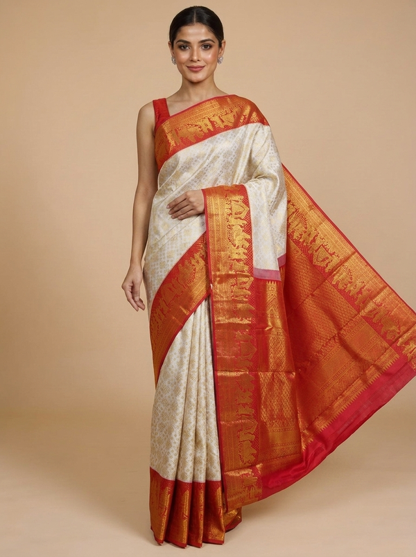 Off-White and Red Pure Kanjivaram Silk Saree