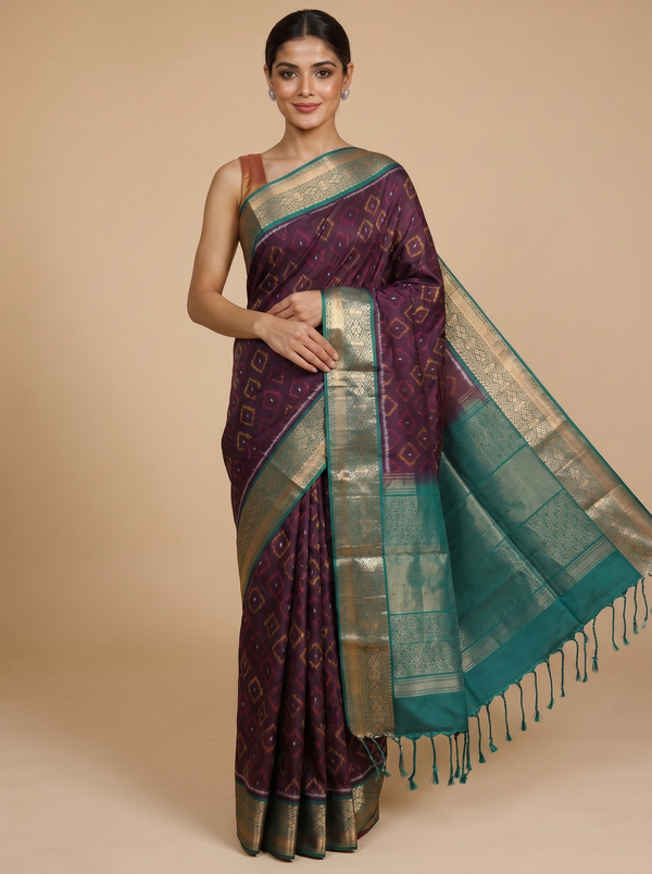 Deep Wine with Teal Green - Pure Kanchipuram Silk Saree