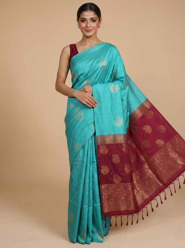 Feroze Blue with Maroon - Kanchi Semi Silk Saree