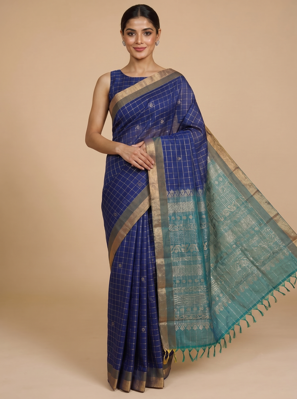 Elegant Royal Blue and Teal Pure Silk Cotton Saree