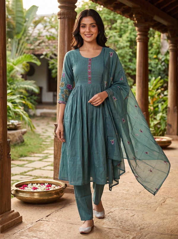 Teal Green With Dupatta Anarkali Kurti Set