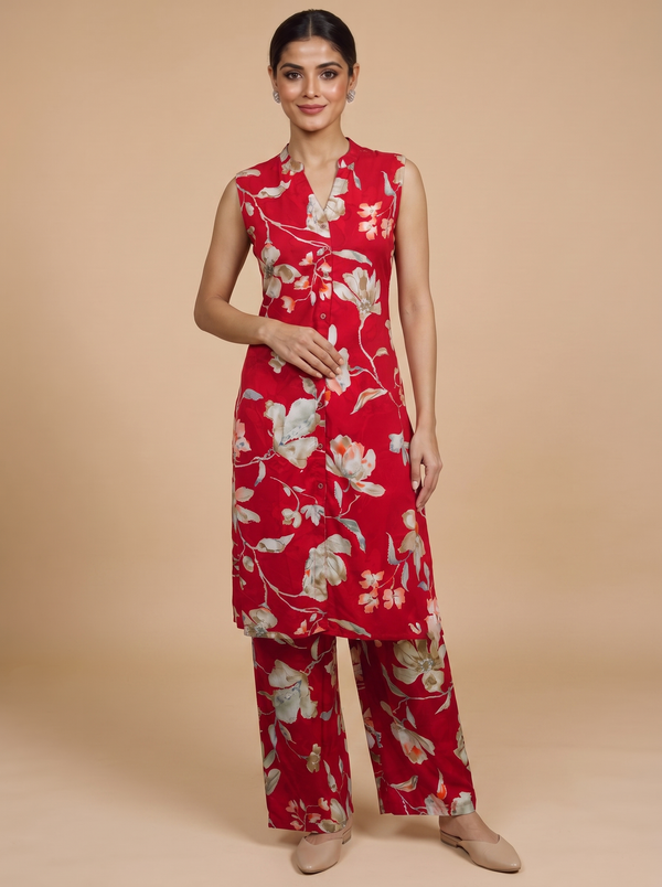 Red Co-ord Set With A-Line Cut