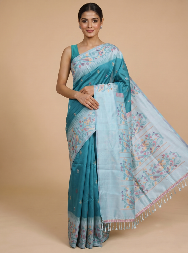 Teal Blue with Ice Blue Fancy Silk Saree