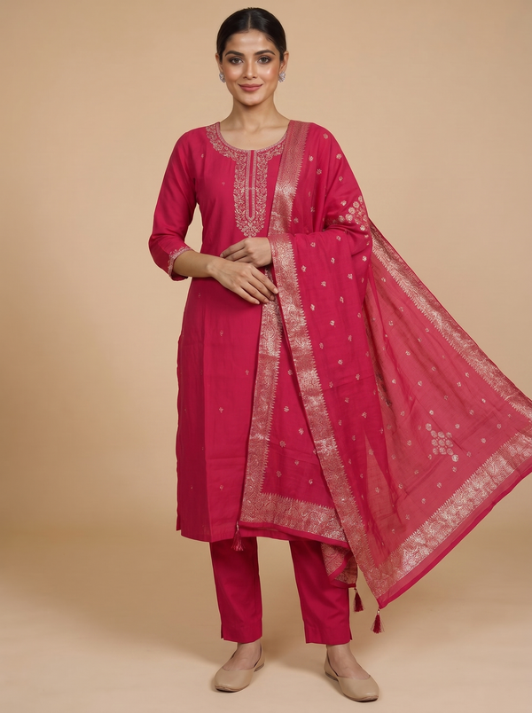 Rani Pink with Zari Ready Made Straight Cut Kurti Set