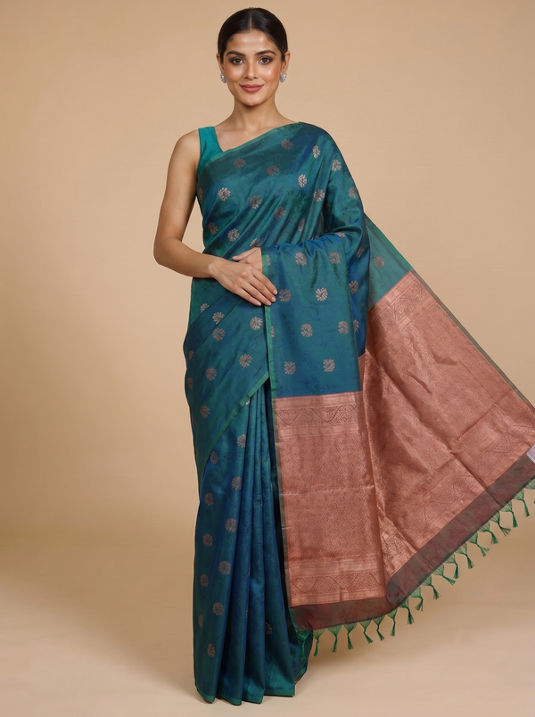 Peacock Blue and Copper Rose Silk Cotton Saree