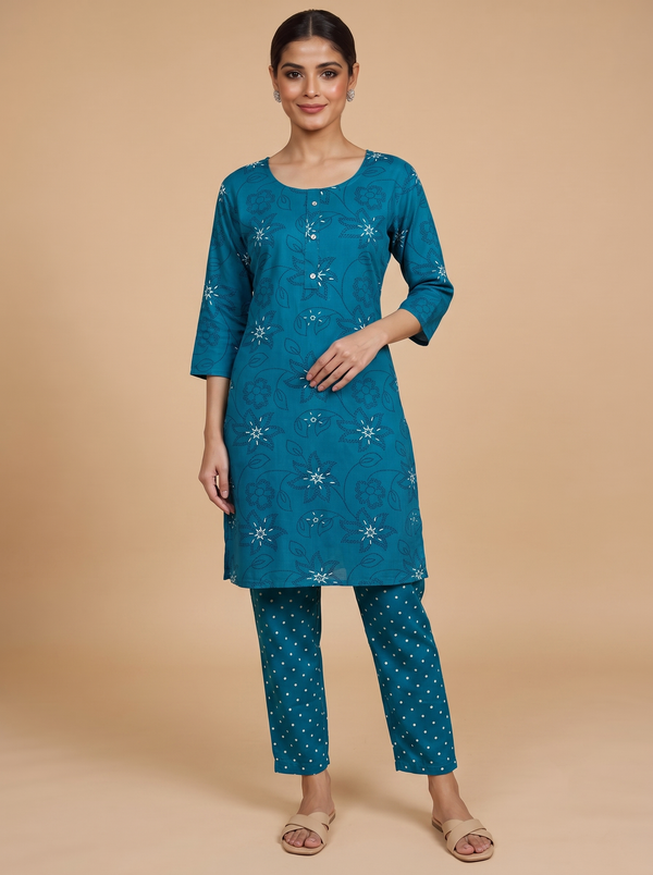 Teal Blue Floral Print Kurti Set