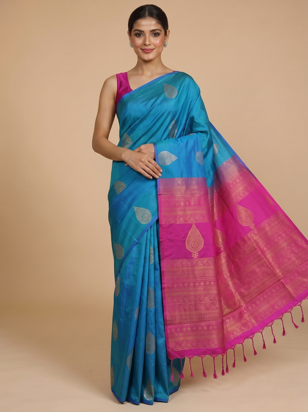 Sky Blue with Magenta Pink - Kanchi Semi Silk Saree
