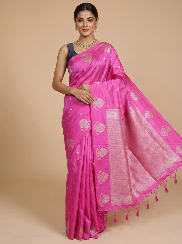 Pink with Silver Zari - Semi Tussar Saree