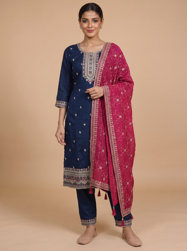 Navy Blue with Rani Pink Ready Made Kurti Set