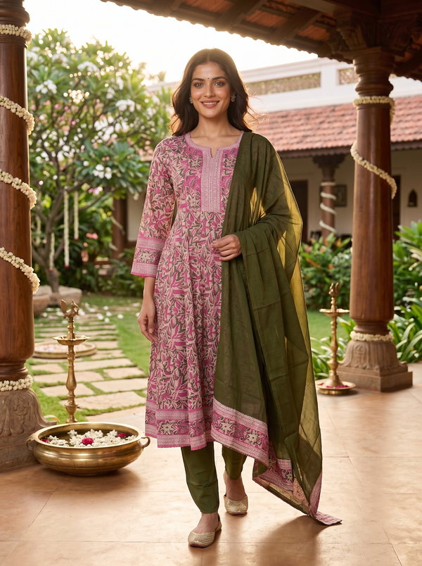 Olive Green with Pink Dupatta Anarkali Kurti Set