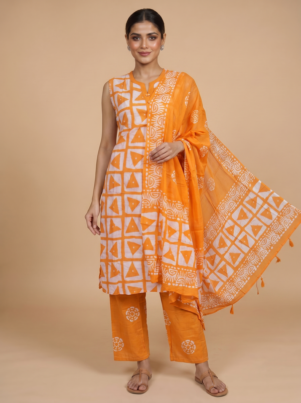 Orange with White Dupatta Ready Made Straight Cut Kurti Set