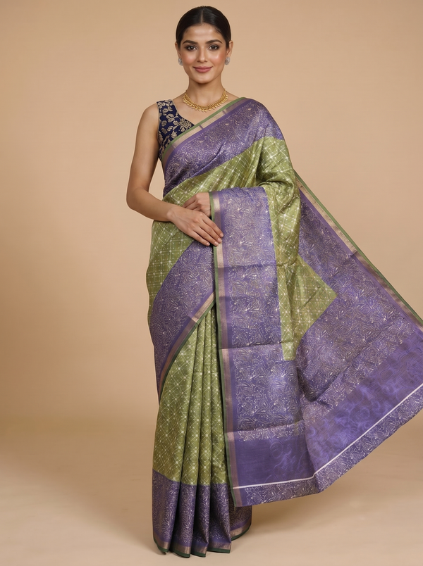 Olive Green with Violet - Linen Cotton Saree