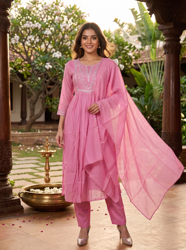 Pink with Dupatta Anarkali Kurti Set