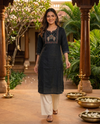 Black Cotton Peacock Embroidered Kurti Top