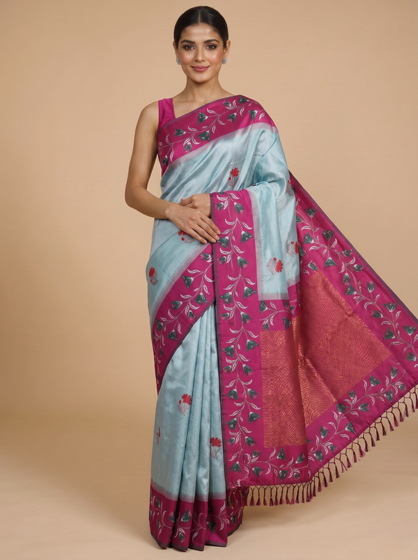 Sky Blue with Magenta Pink Fancy Silk Saree