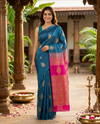 Peacock Blue with Rani Pink Kanchi Semi Silk Saree