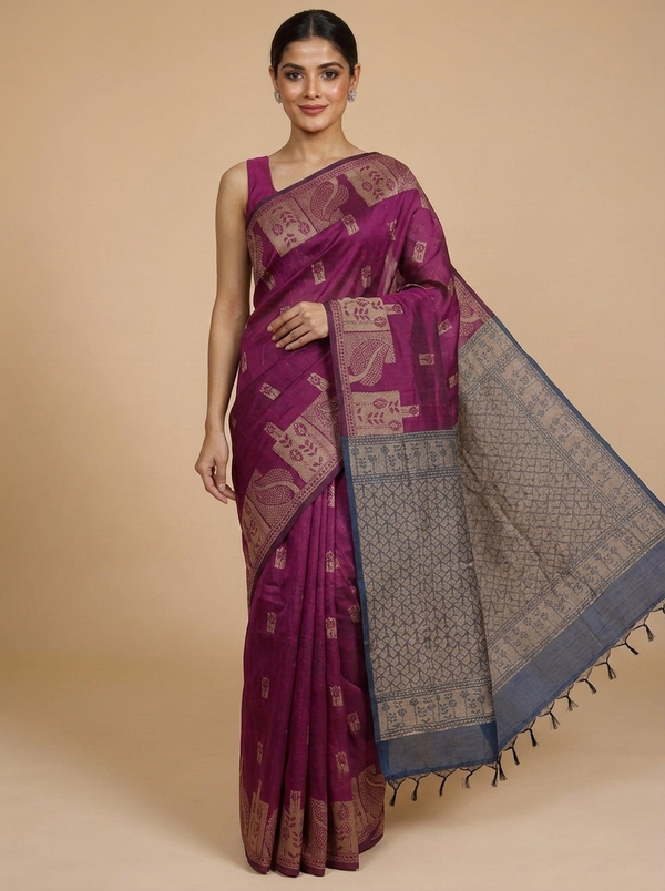 Magenta Pink with Sage Grey Munthi Silk Cotton Saree