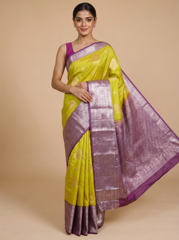 Lime Green with Purple Kanchipuram Fancy Silk Saree