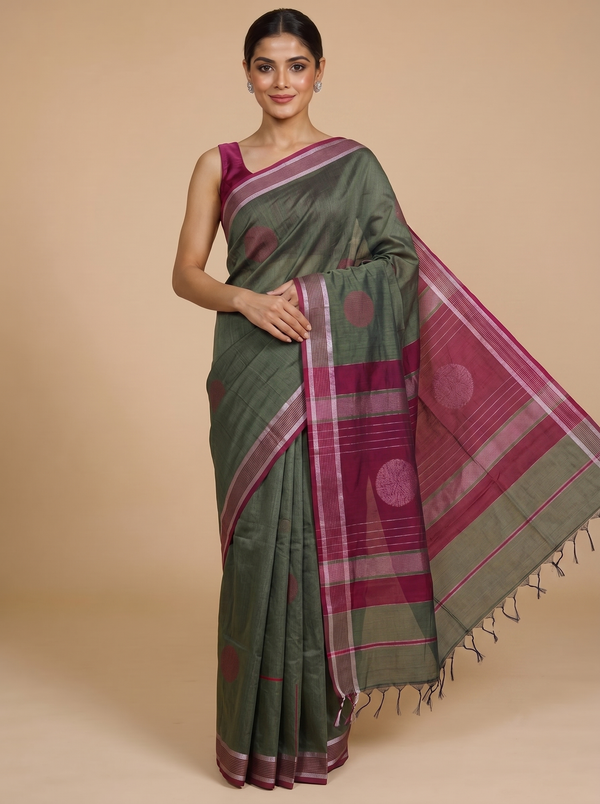Olive Green with Magenta Silk Cotton Saree