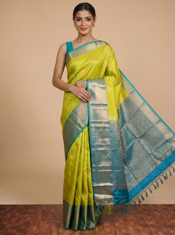 Lime Green with Teal Blue Kanchipuram Fancy Silk Saree