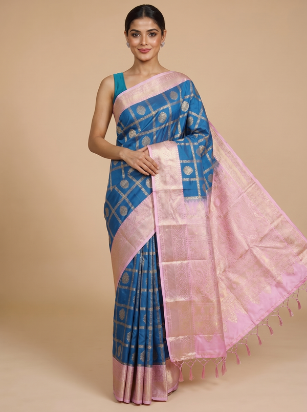 Peacock Blue and Baby Pink Kanchipuram Fancy Silk Saree