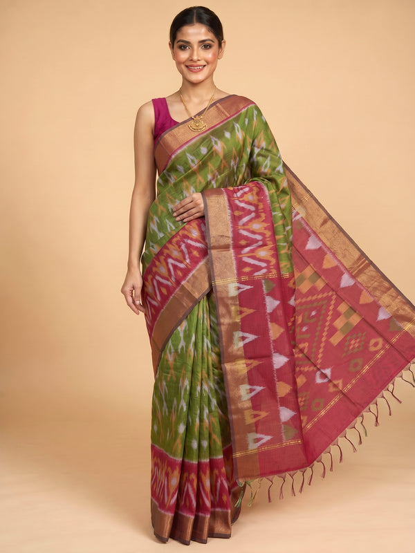 Olive Green with Red - Pochampalli Cotton Saree