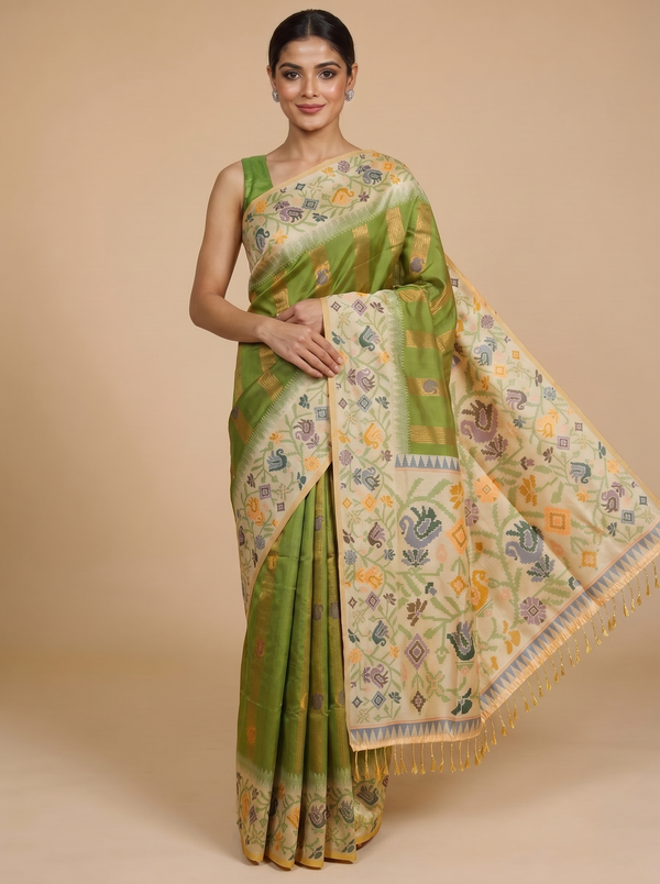 Olive Green with Off-White Cream Fancy Silk Saree