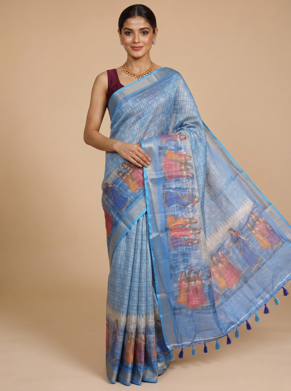 Sky Blue with Silver - Linen Cotton Saree
