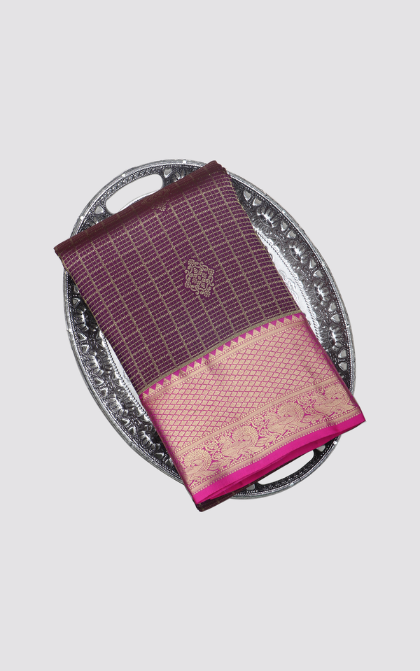 Pure Kanjivaram Silk Saree Brown and Pink with allover Zari Checks & Zari Buttas and Zari Woven Border