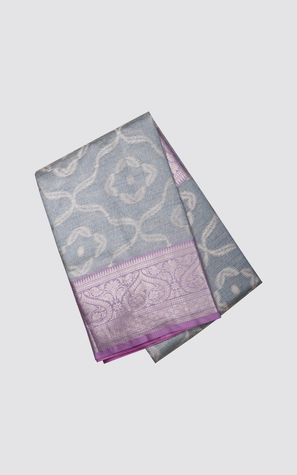 Elephant Grey and Pink Fancy Cotton Saree with Zari Waves