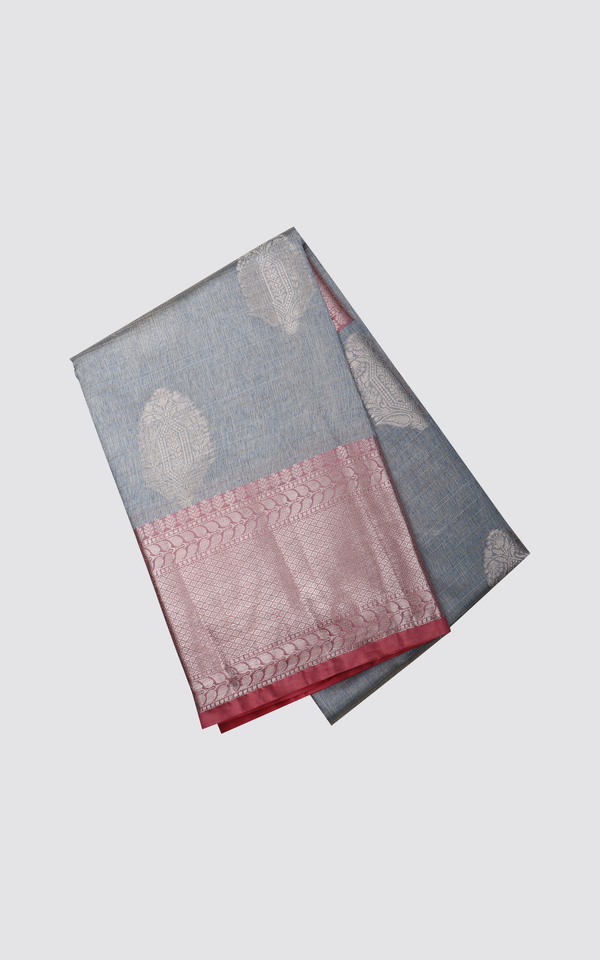 Grey and Peach Fancy Cotton Saree with Zari Woven Buttas