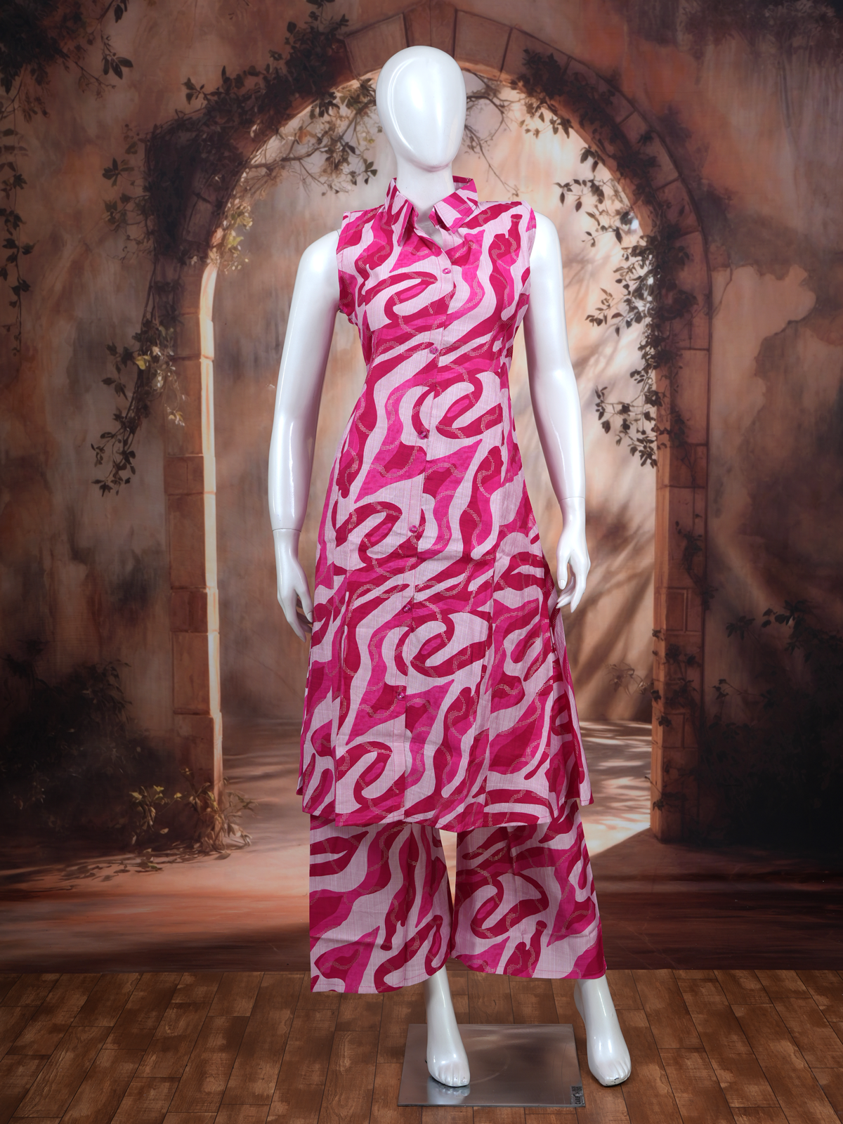 Pink Cotton Co-ord Set with A-Line Cut