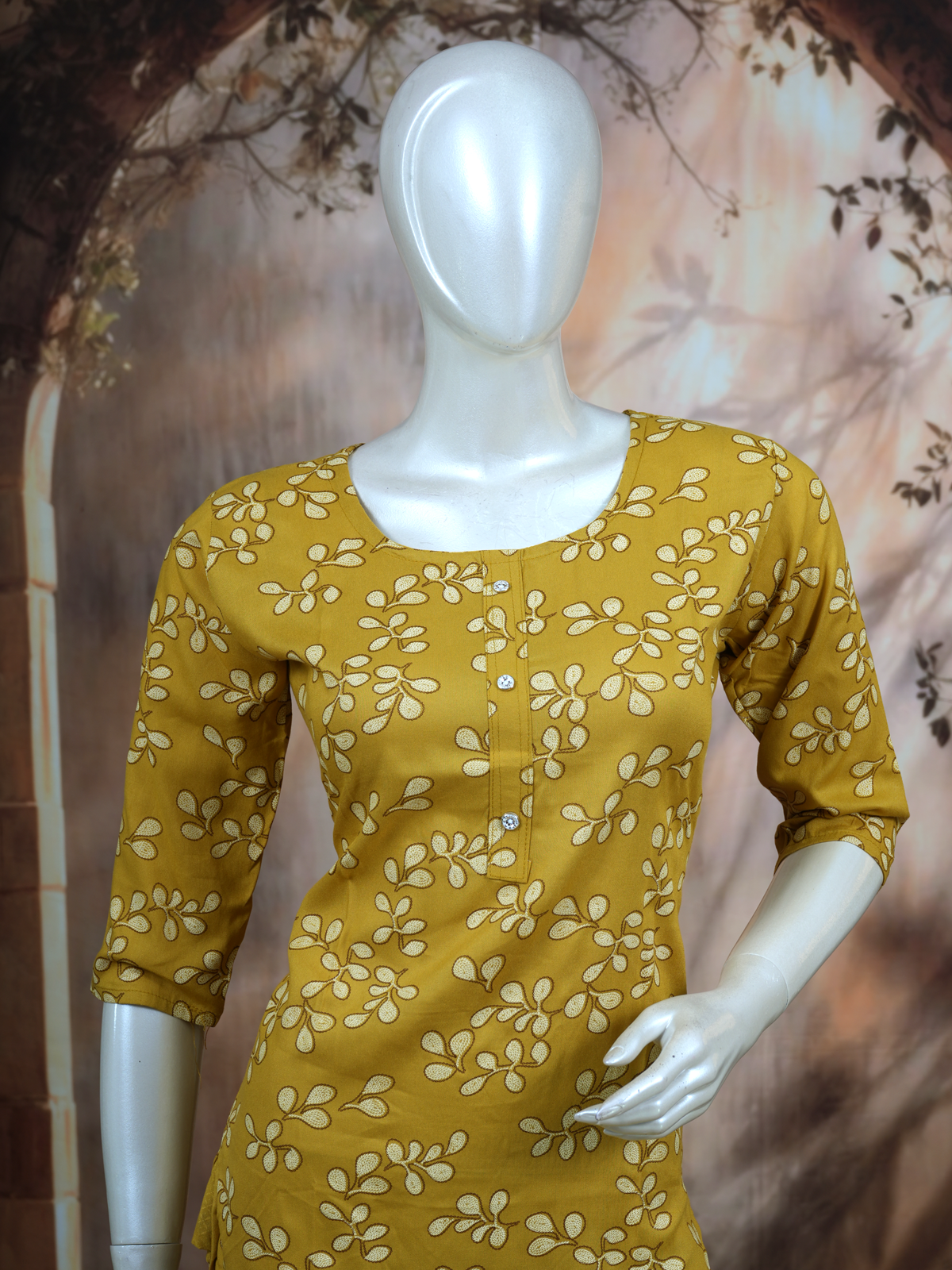 Elegant Mustard Yellow Floral Print Cotton Kurti Set