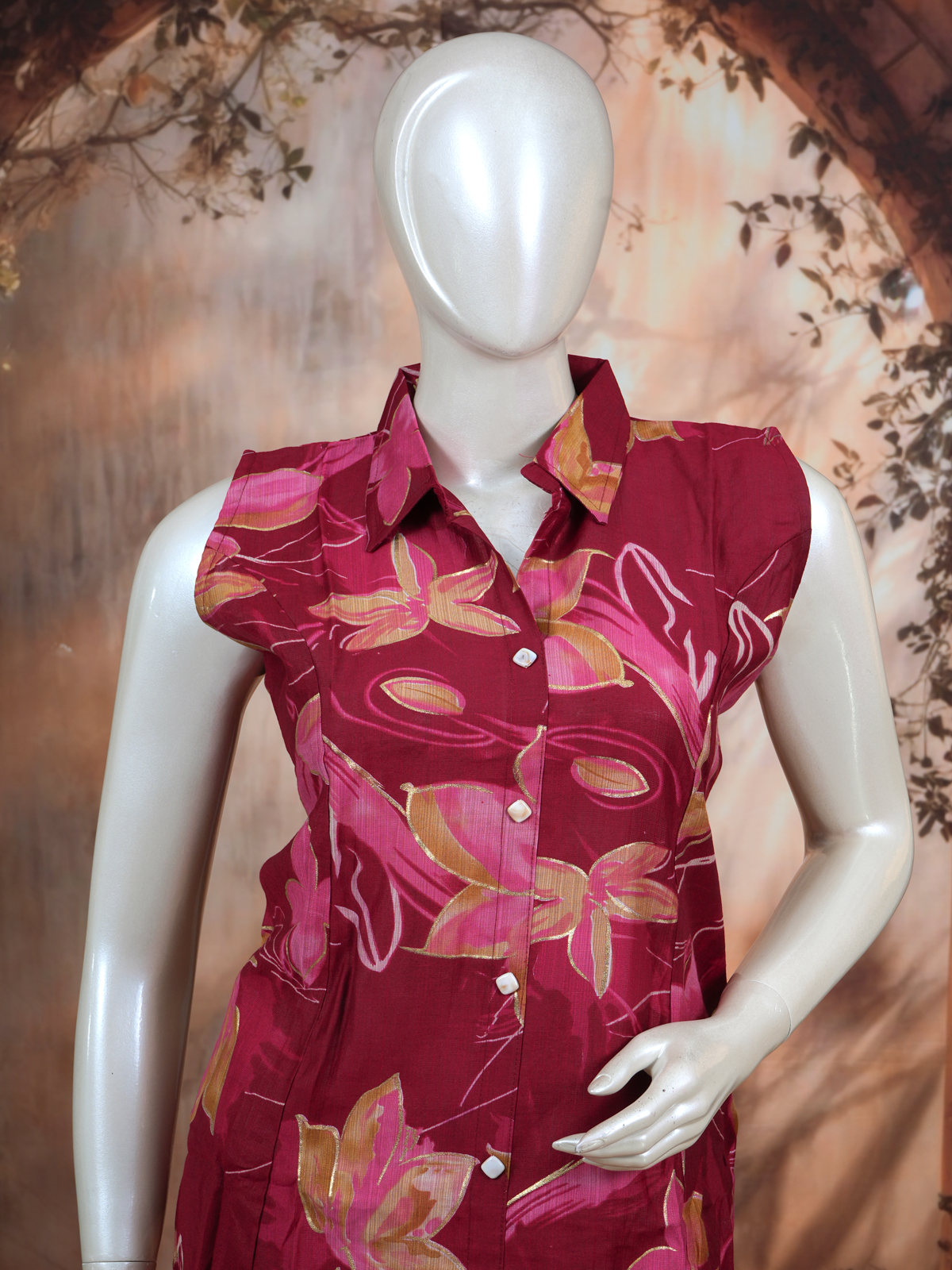 Wine Red Floral Co-ord Set with A-Line Cut