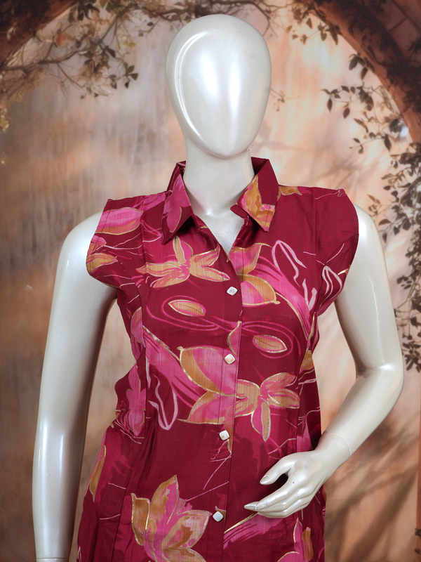 Wine Red Floral Co-ord Set with A-Line Cut