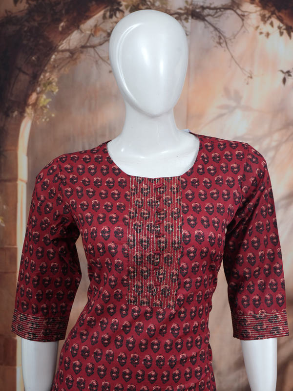 Maroon Printed Cotton Kurti Set
