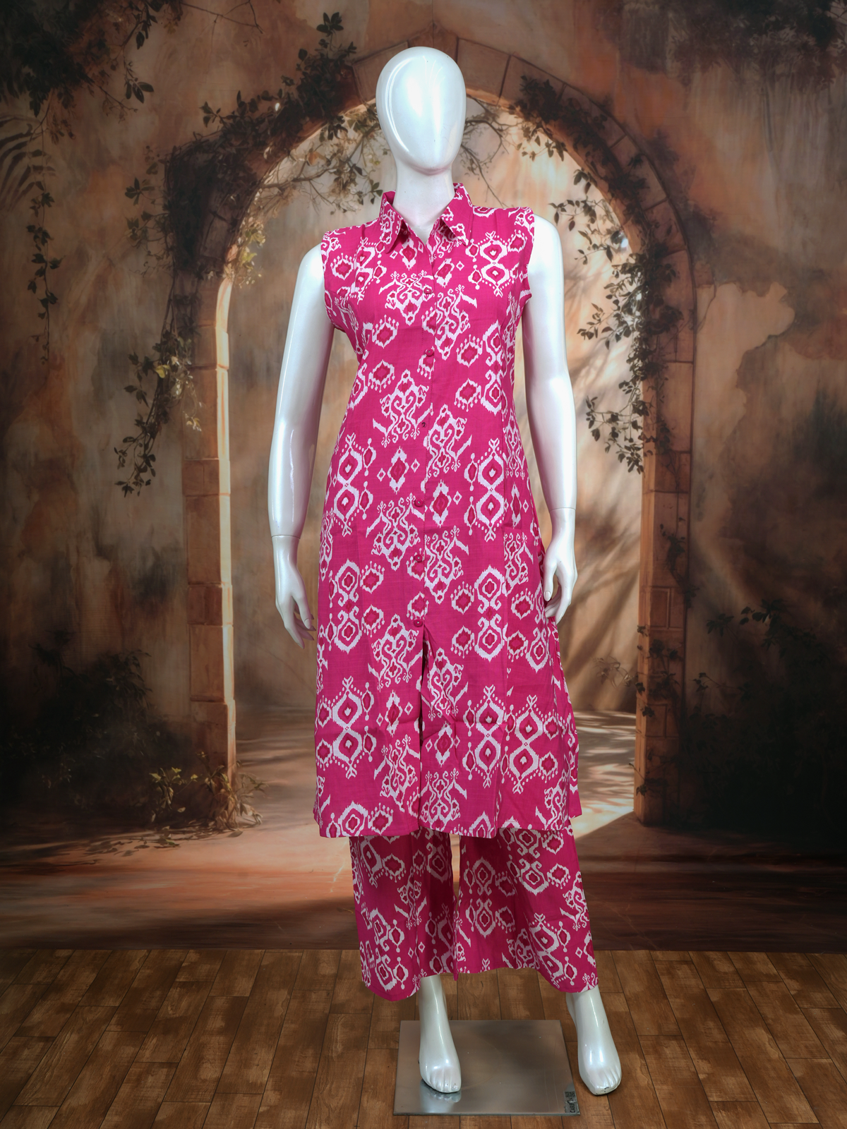Pink Ikat Print Cotton Co-ord Set with A-Line Cut