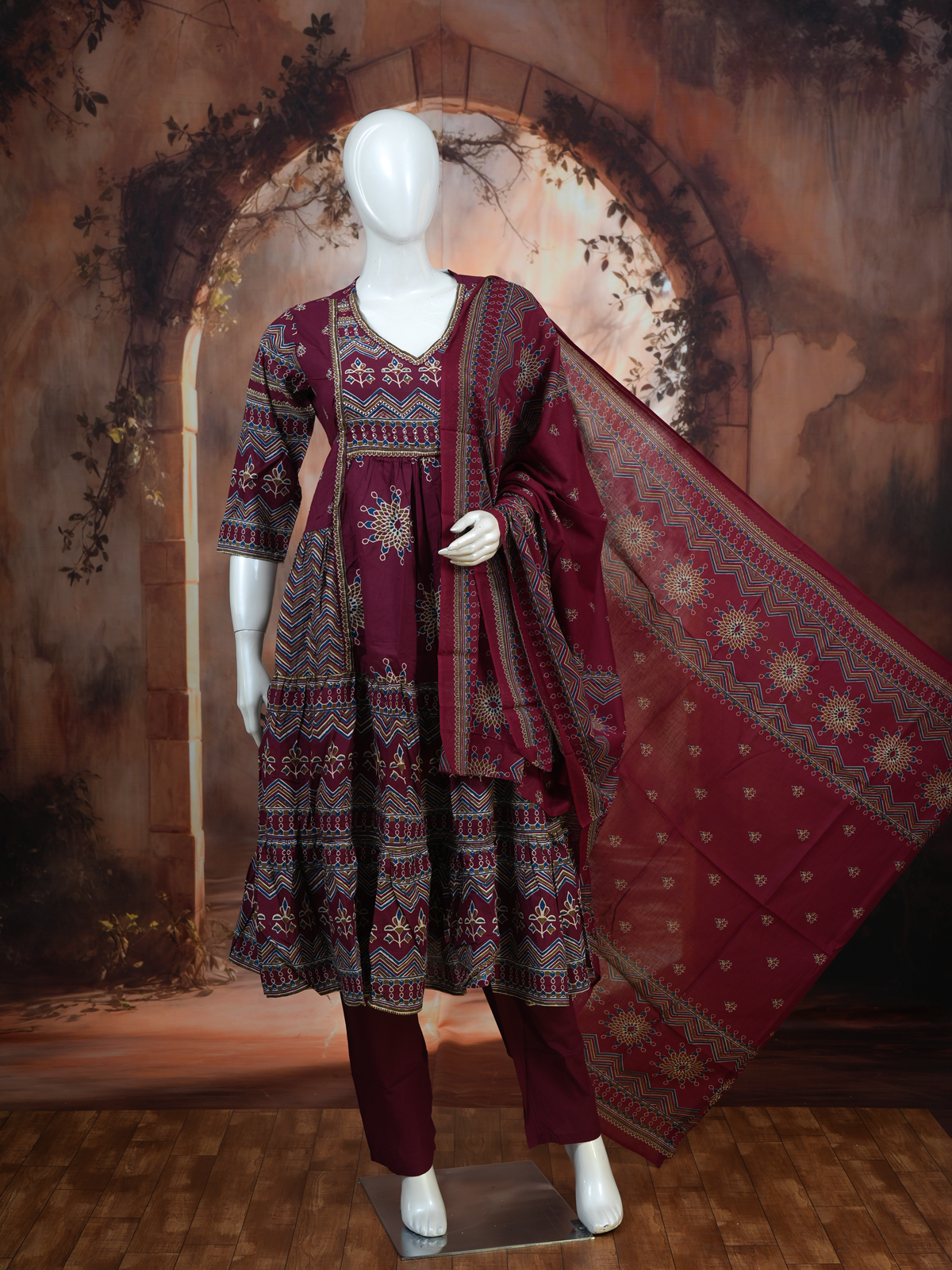 Wine Maroon with Dupatta Anarkali Kurti Set
