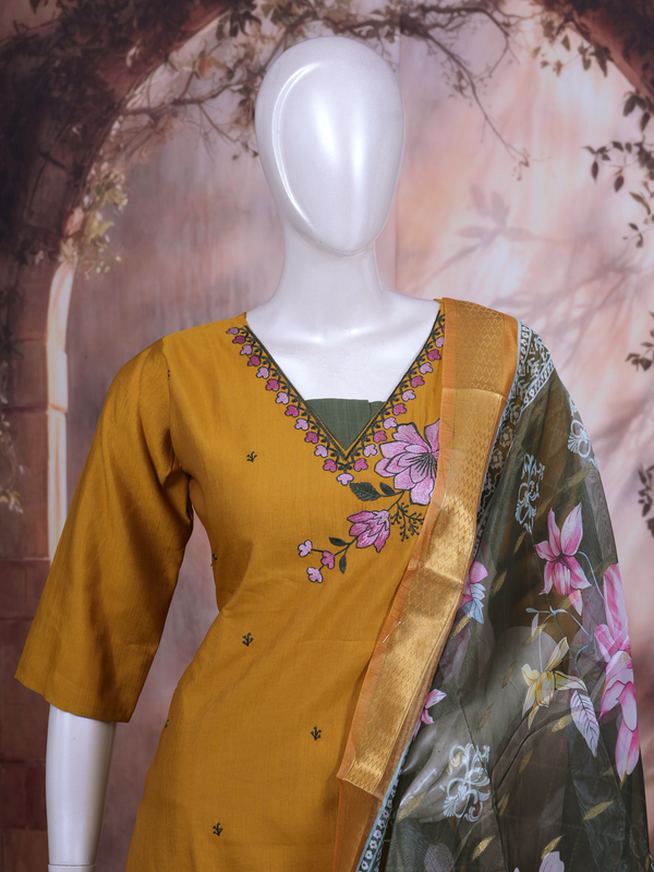 Mustard Yellow with Olive Green Dupatta Anarkali Kurti Set