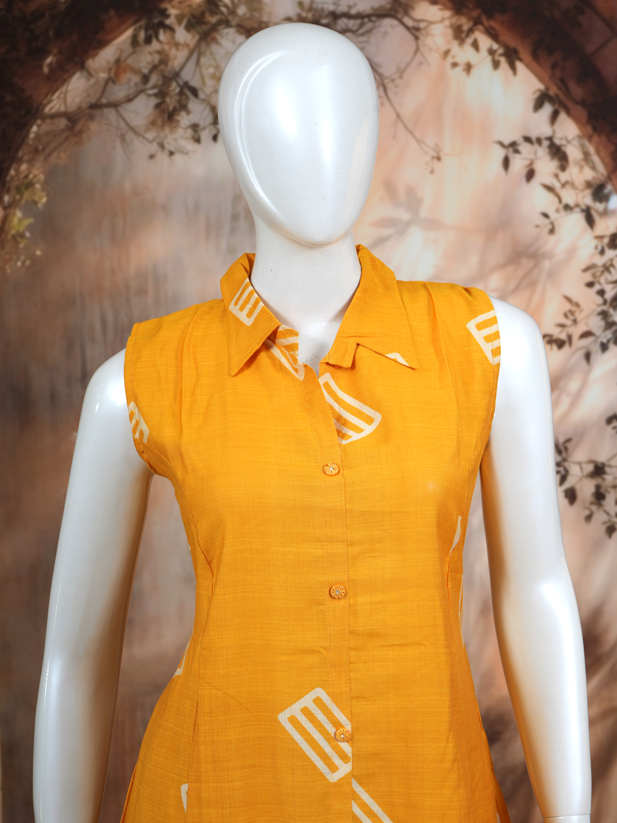Mustard Yellow Geometric Print Cotton Co-ord Set with A-Line Cut