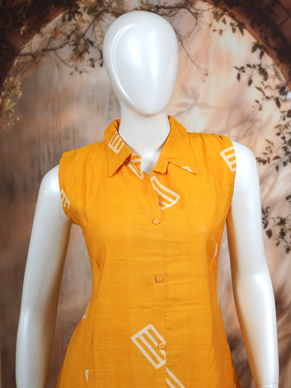 Mustard Yellow Geometric Print Cotton Co-ord Set with A-Line Cut