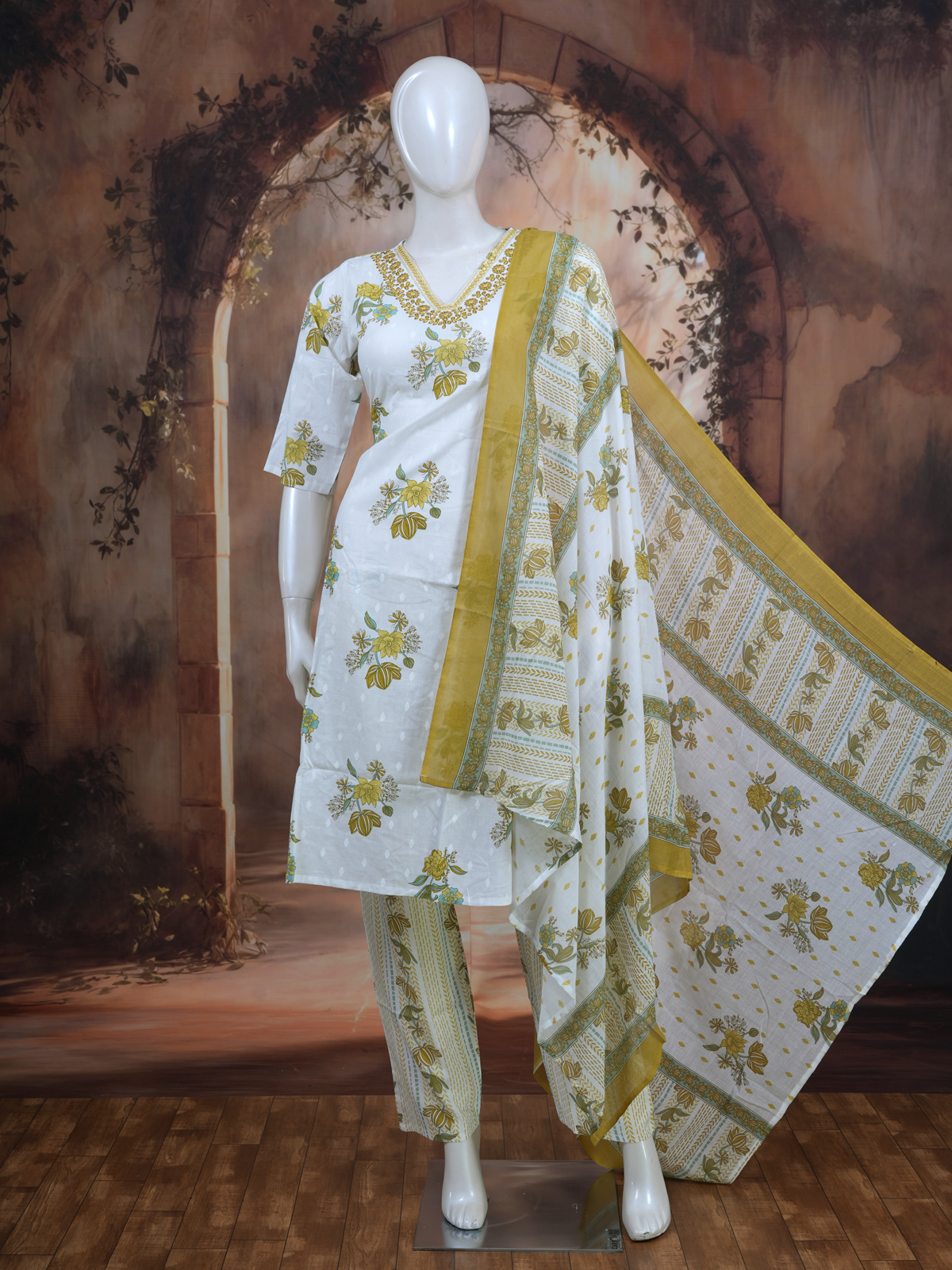 White and Olive Green Floral Print Anarkali  Kurti Set