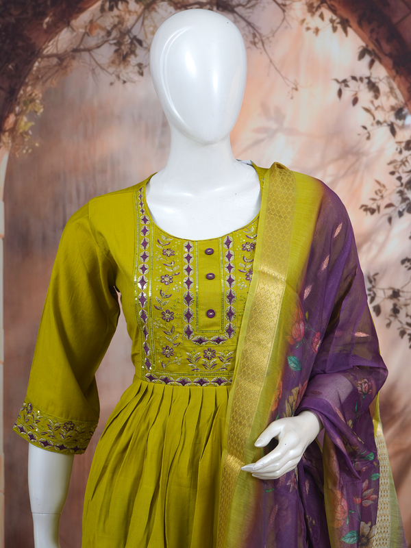 Olive Green with Purple Dupatta Anarkali Kurti Set