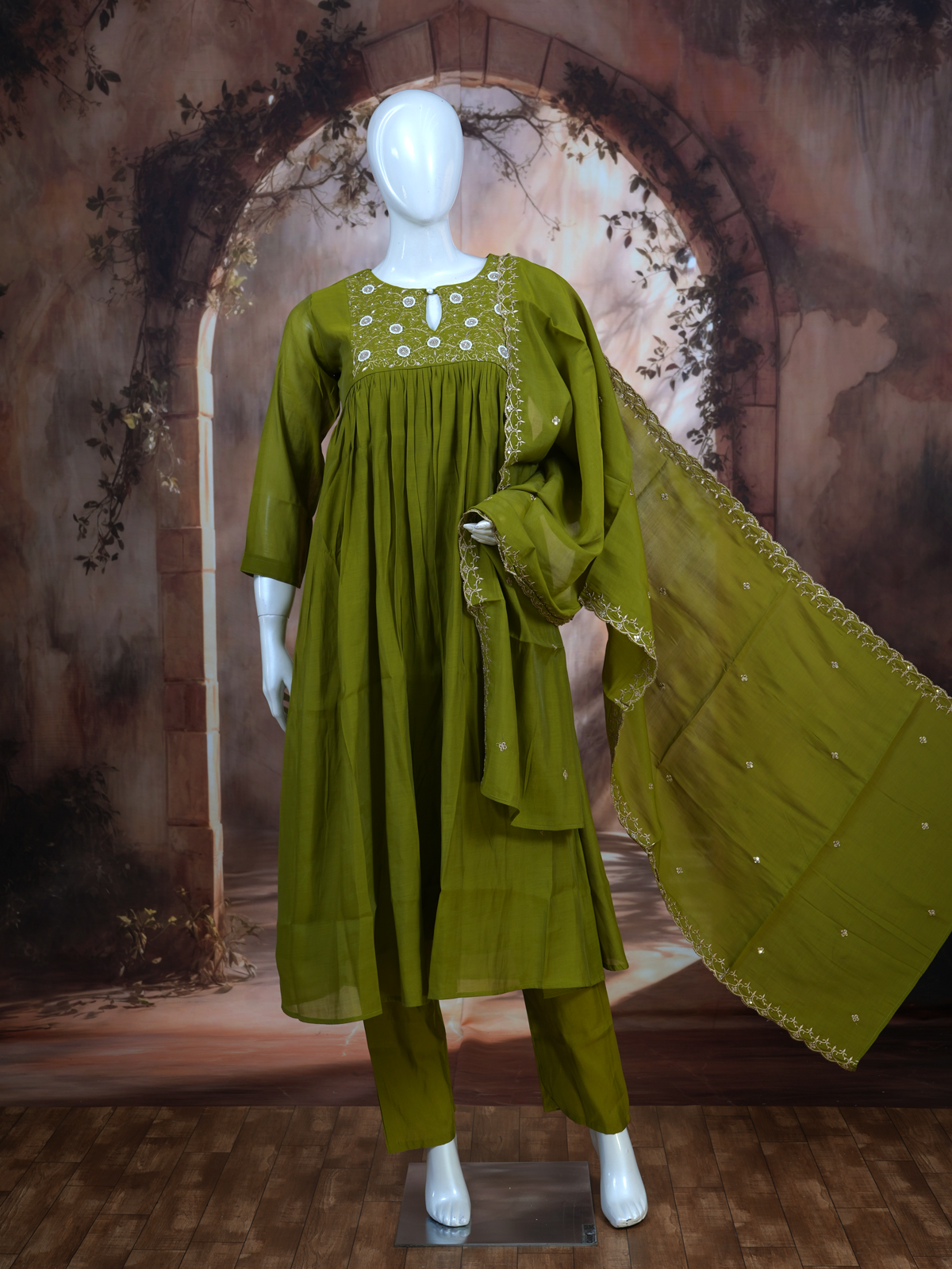 Olive Green Anarkali Kurti Set