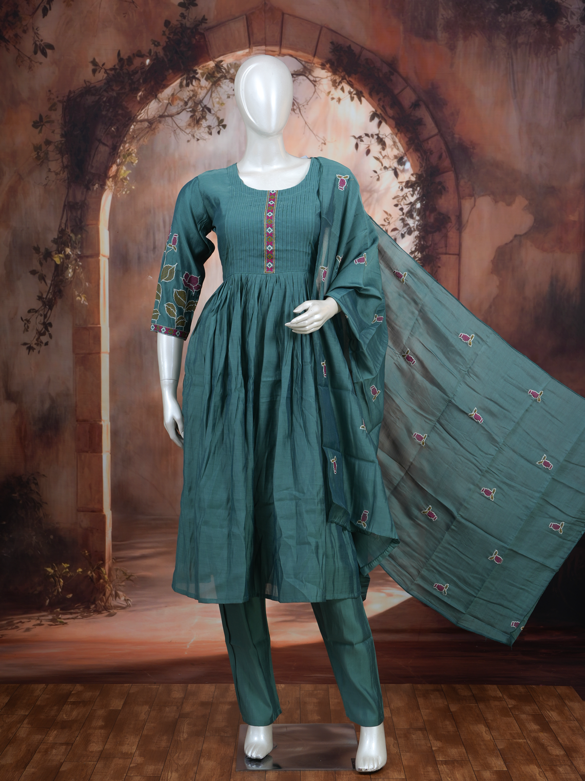 Teal Green With Dupatta Anarkali Kurti Set