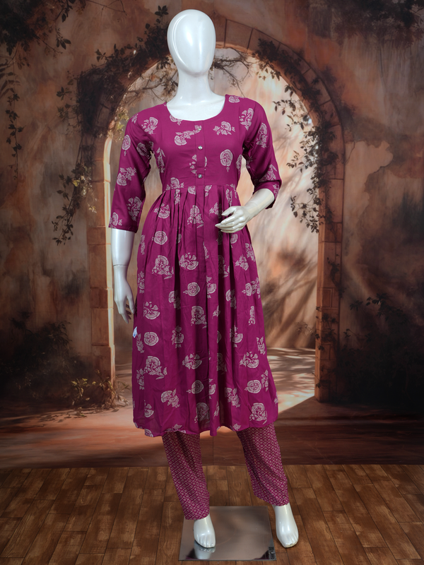 Magenta Printed Anarkali Kurti Set