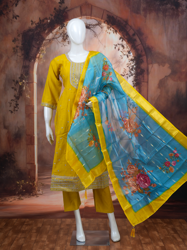 Mustard Yellow with Sky Blue Dupatta Anarkali Kurti Set